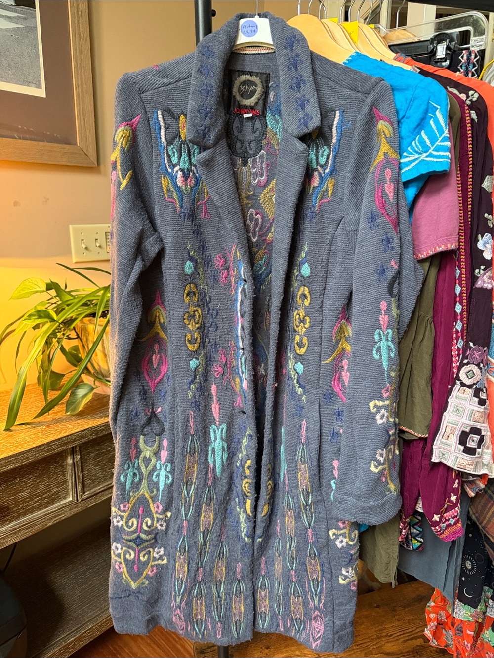 Johnny Was Gray Embroidered Trench Coat with Multicolor Accents